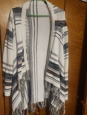 Allie & Rob Open-Front Fringe Cardigan in Cream, Gray & Pink-Striped